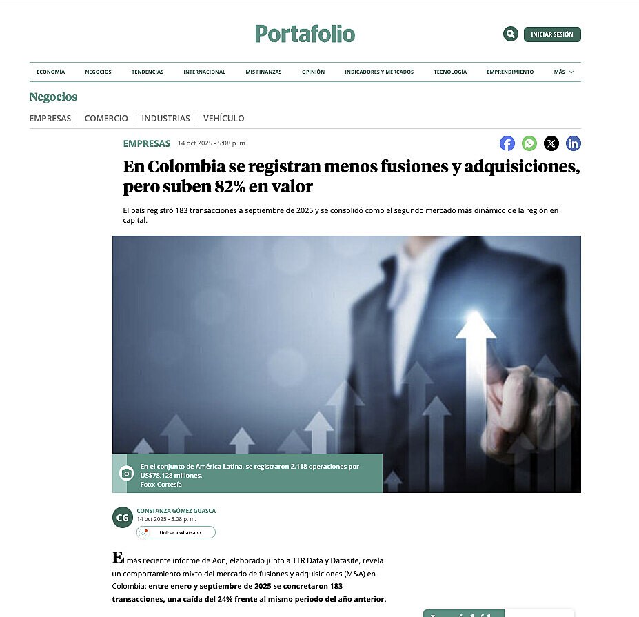 En Colombia se registran menos fusiones y adquisiciones, pero suben 82% en valor